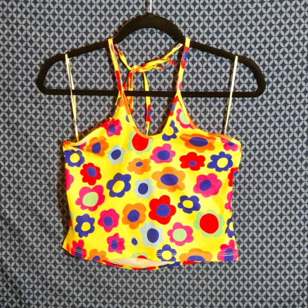 KTK - Junior's yellow crop-halter top with multicolored flowers. New. Size- L